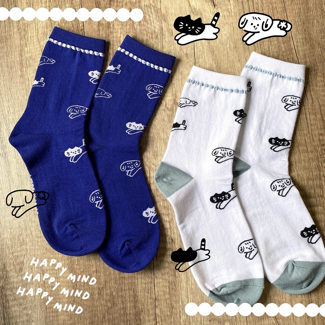 跳跃猫狗 白/蓝  iii sum+ × ChangeTone 联名袜款 - 袜子 - 棉 蓝色