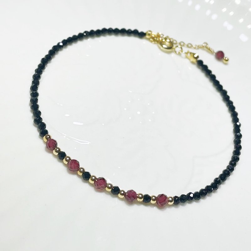 14K包金 石榴石 尖晶石 天然水晶 极细 极简 定制化 手链 - 手链/手环 - 水晶 黑色