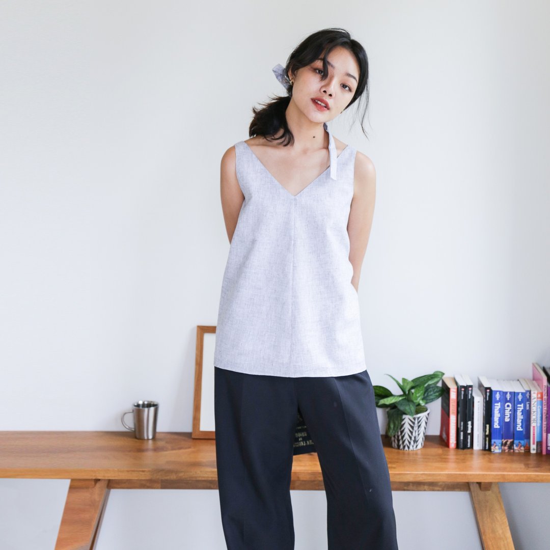 Heima linen tank tops 亚麻上衣 : 烟灰色-白色  , 全身衬里 - 女装上衣 - 棉 灰色