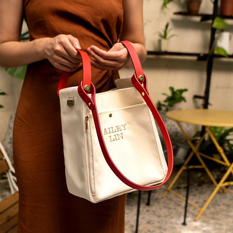 【定制化礼物】Yours刺绣手提肩背帆布包/红(免费定制刺绣) - 侧背包/斜挎包 - 聚酯纤维 红色