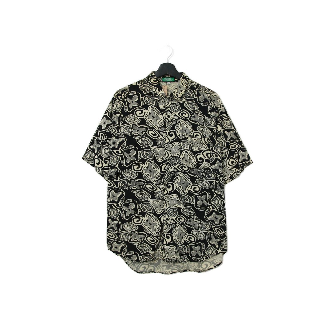 Back to Green- 短袖花衬衫 黑白花瓣图腾ss-18 vintage shirt - 男装衬衫 - 丝．绢 