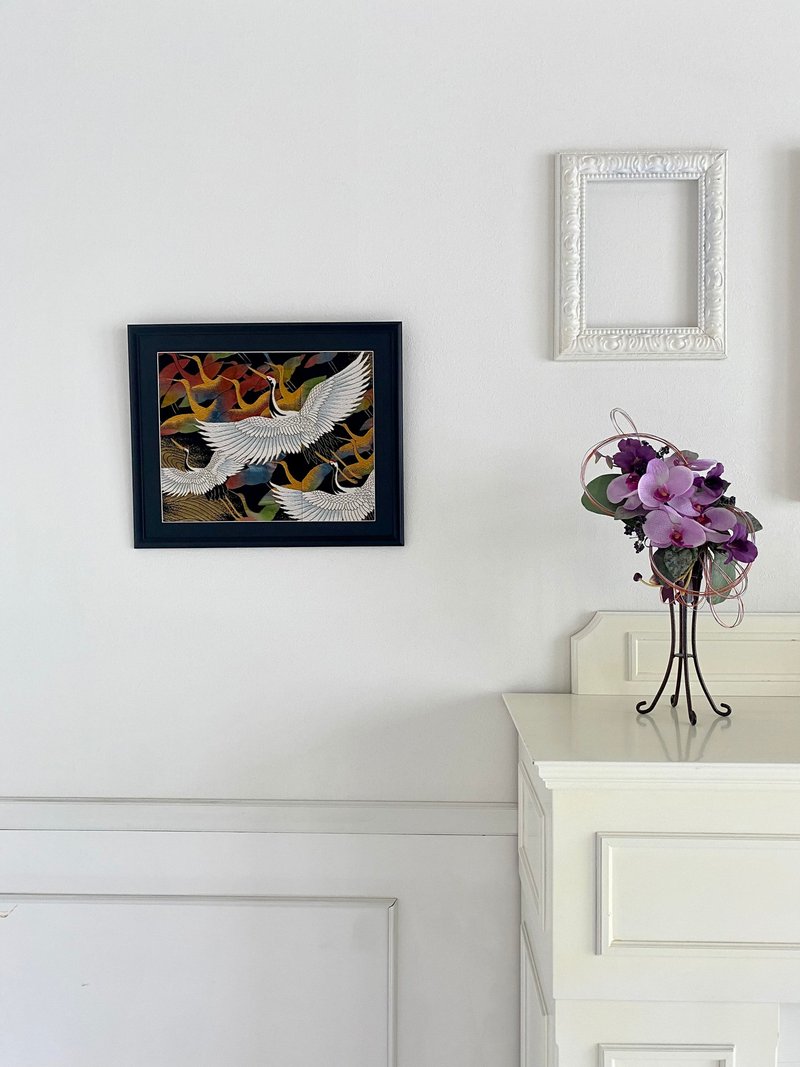 The art panel made from Japanese bride Kimono　Auspicious pattern Crane　044 - 墙贴/壁贴 - 丝．绢 黑色