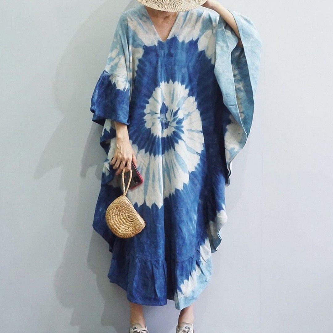 Shibori Indigo Cotton 连衣裙/扎染休闲/嬉皮服饰节/加大码布 - 洋装/连衣裙 - 棉 蓝色