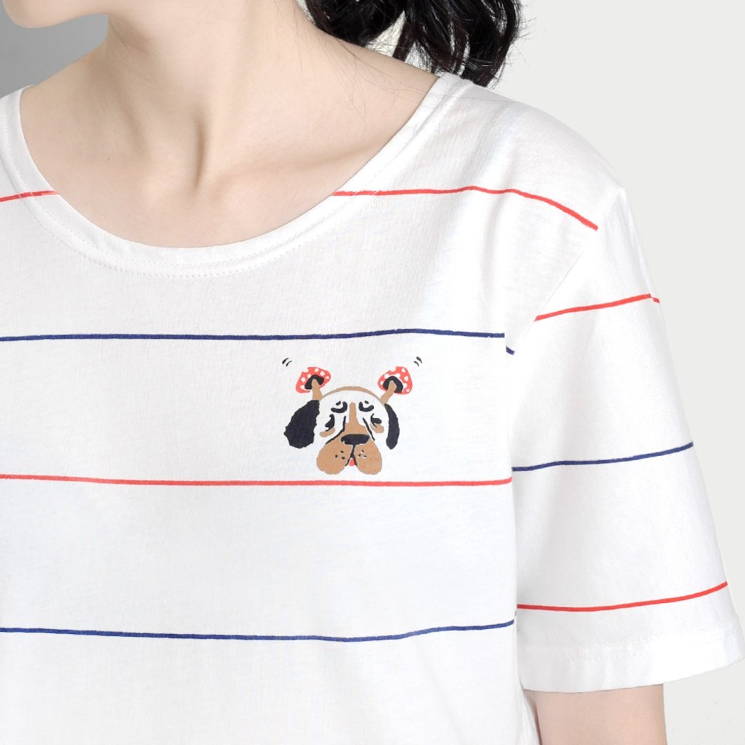 【最后一件】采收巴哥耳朵／小农夫糖果条纹Ｔ - 女装上衣 - 棉 白色