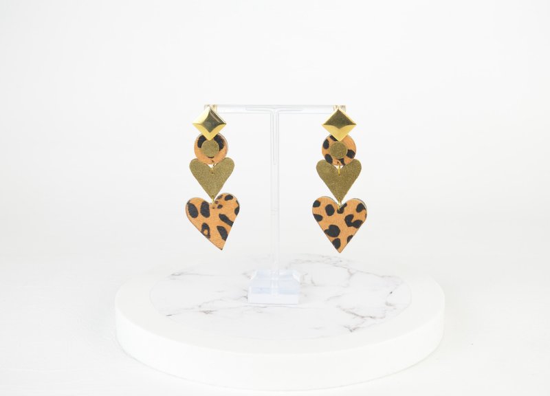 Leather Earrings in Gold, Khaki & Leopard Pattern Recycled Sustainable Jewellery - 耳环/耳夹 - 真皮 咖啡色