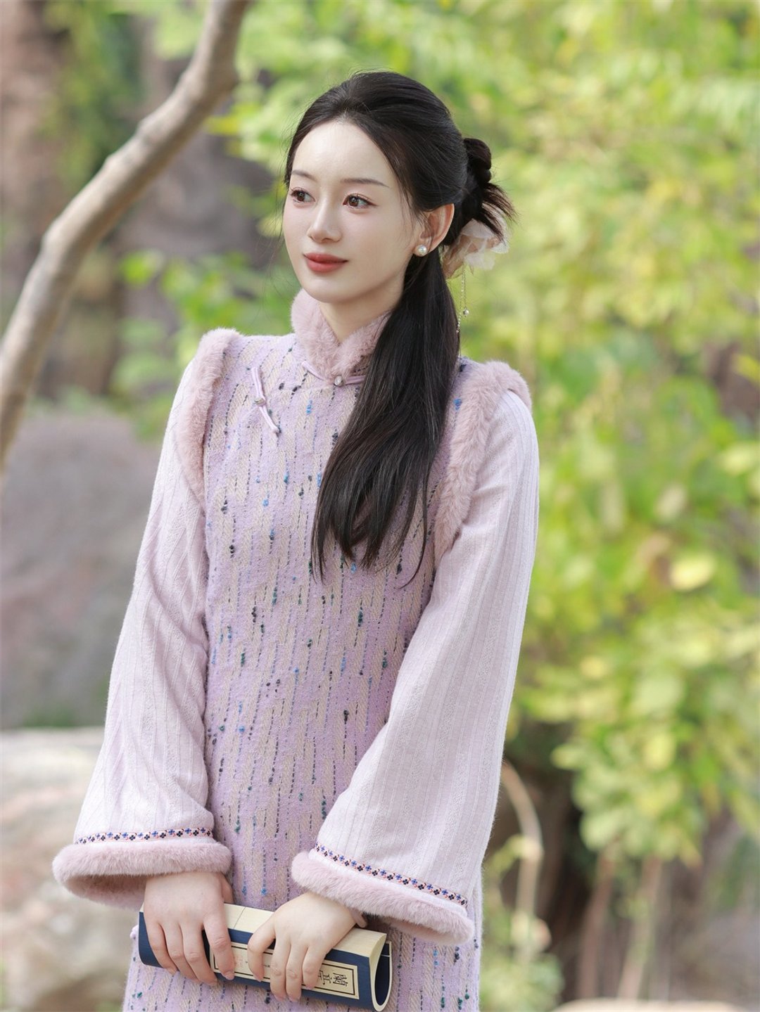 紫色 羊毛毛邊假兩件倒大袖少女旗袍 新中式春節過年改良洋裝 - 旗袍 - 羊毛 紫色