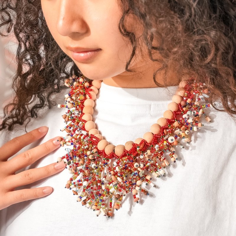 【原风艺站】陶土串珠珊瑚短链 | 原住民 族服 台湾印象 - 项链 - 陶 红色