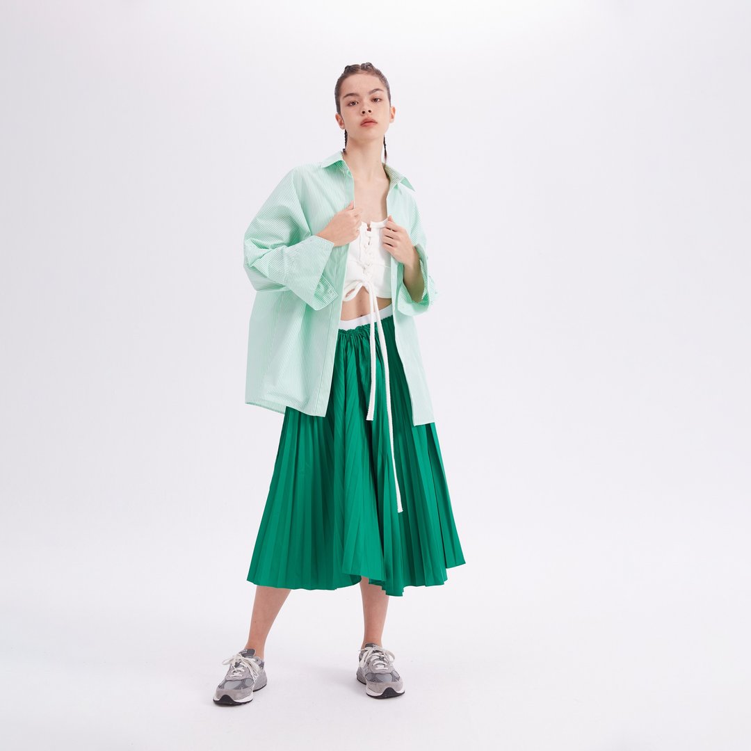 10 MOOn  绿白条纹长袖衬衫 - 女装衬衫 - 棉．麻 绿色