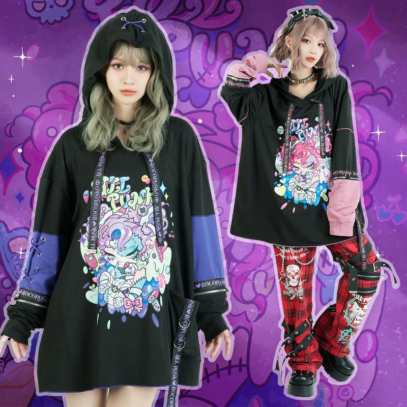 原创原宿庞克地雷系僵尸少女撞色可拆袖织带中性连帽T恤【JJ2416 - 中性连帽卫衣/T 恤 - 棉．麻 