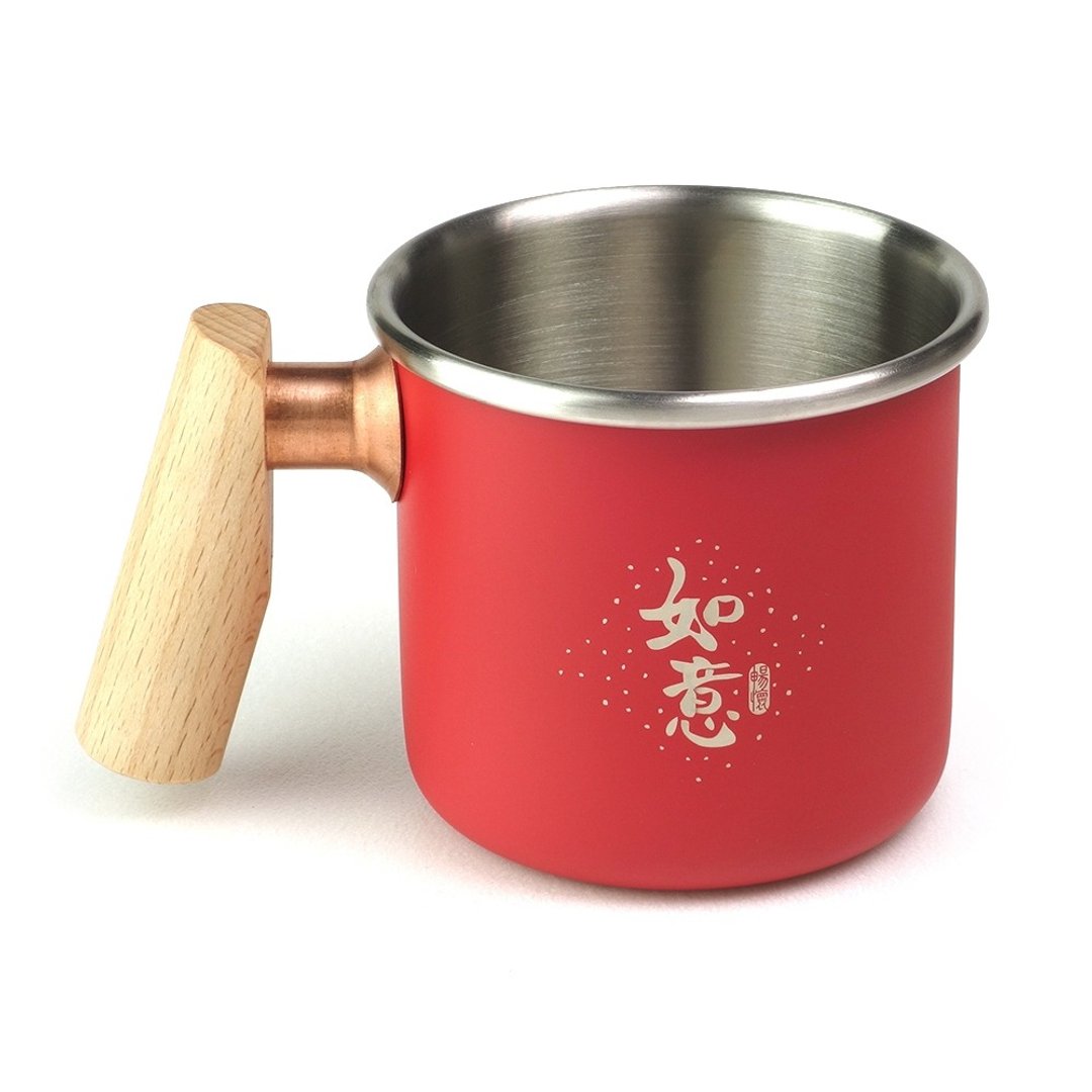 【定制化礼物】木柄 白铁杯 400ml (如意) - 咖啡杯/马克杯 - 不锈钢 红色