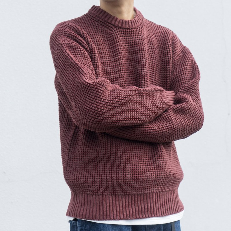 日系潮流 简约复古纯色重磅圆领粗线毛衣 宽松针织衫 男生禮物 - 男装针织衫/毛衣 - 棉．麻 多色