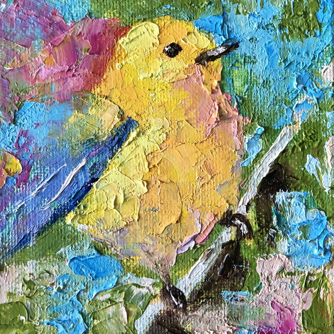 Yellow bird painting, oil on canvas, Tiny robin, Original birds wall art - 海报/装饰画/版画 - 棉．麻 