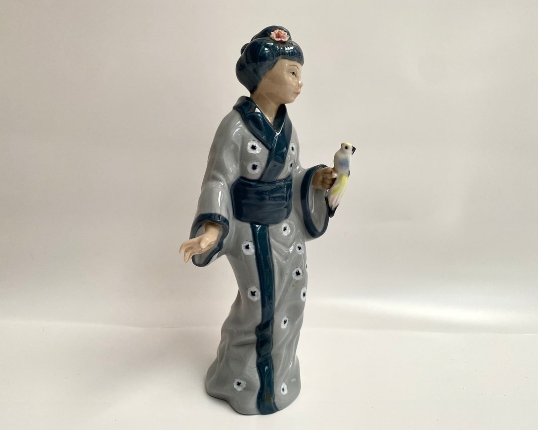 复古小雕像西班牙艺妓雕像与鸟 20 世纪 70 年代 Casades - 玩偶/公仔 - 瓷 多色