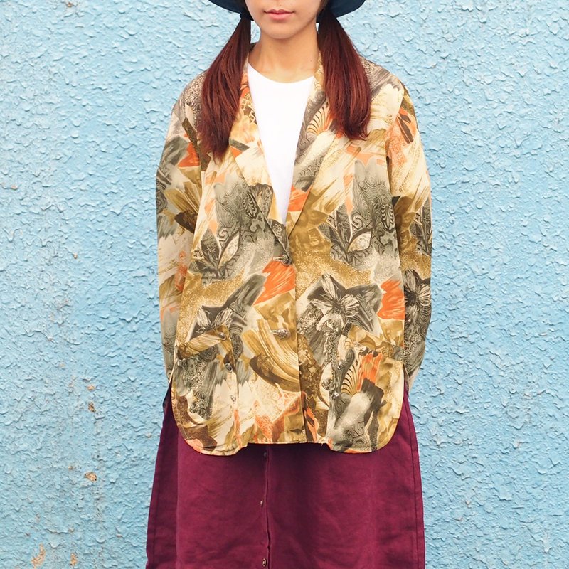 小牛村 古着 vintage 中性 艺术绘画 长袖衬衫【古欧殿堂】 V-40 - 男装衬衫 - 棉．麻 卡其色