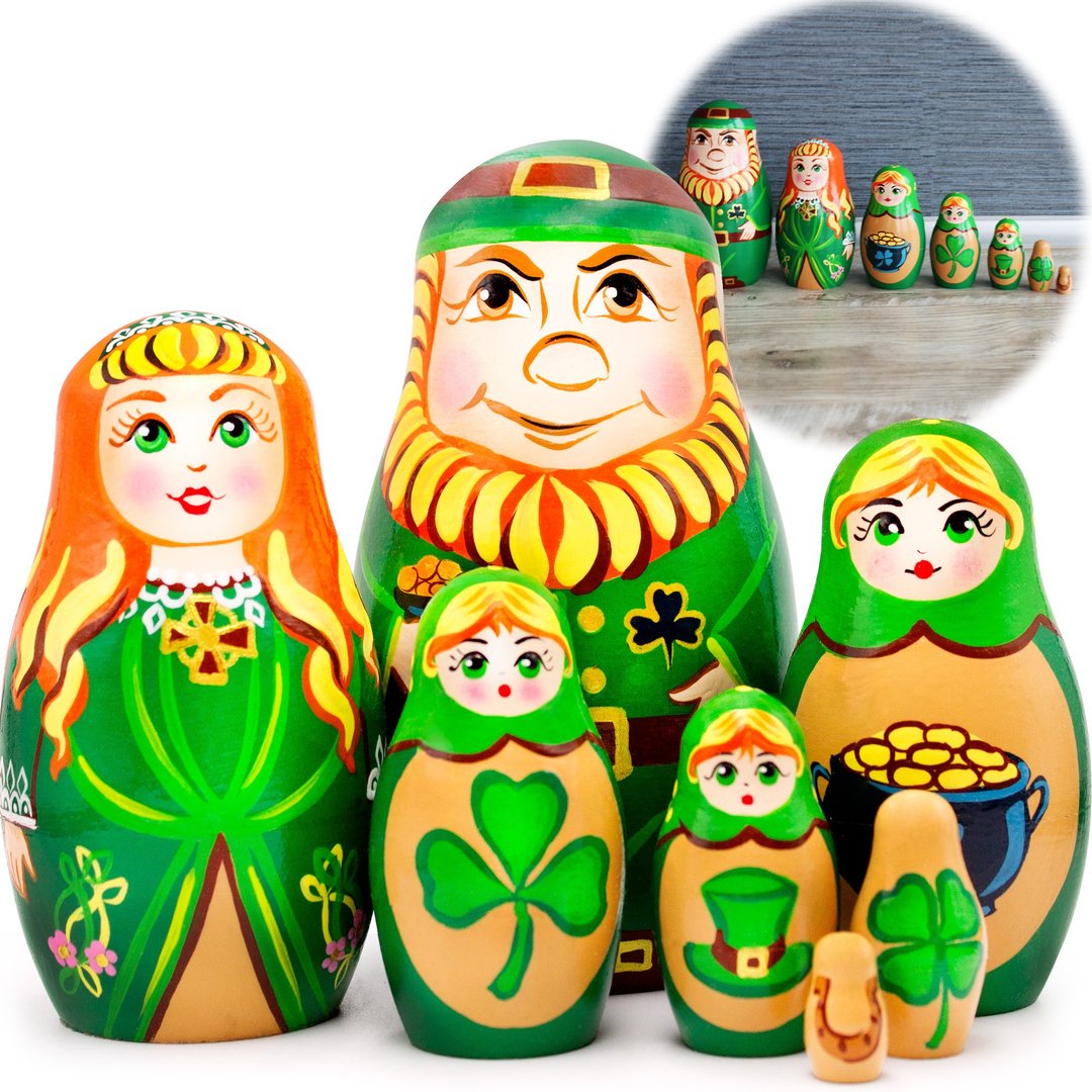 St. Patricks Day Irish Nesting Dolls 7 pcs - St Patricks Table Decorations - 玩具/玩偶 - 木头 绿色