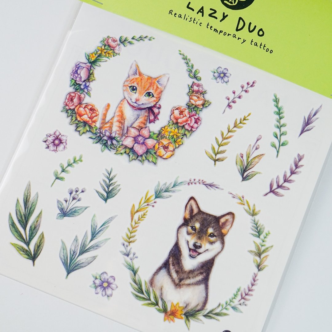 水彩动物刺青纹身贴纸柴犬花猫咪花圈植物唐狗迷你小清新宠物主子 - 纹身贴 - 纸 