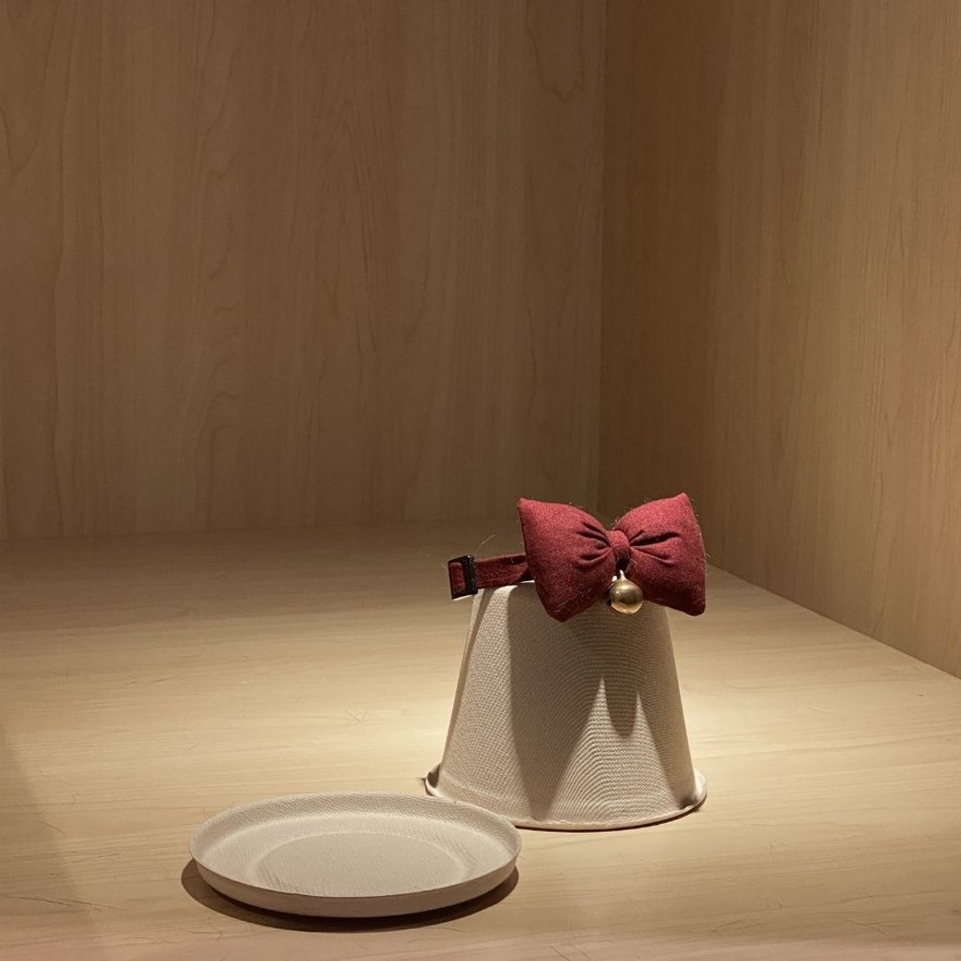 简约手工定制猫项圈 | Wine Red Bow Cat Collar - 项圈/牵绳 - 棉 红色