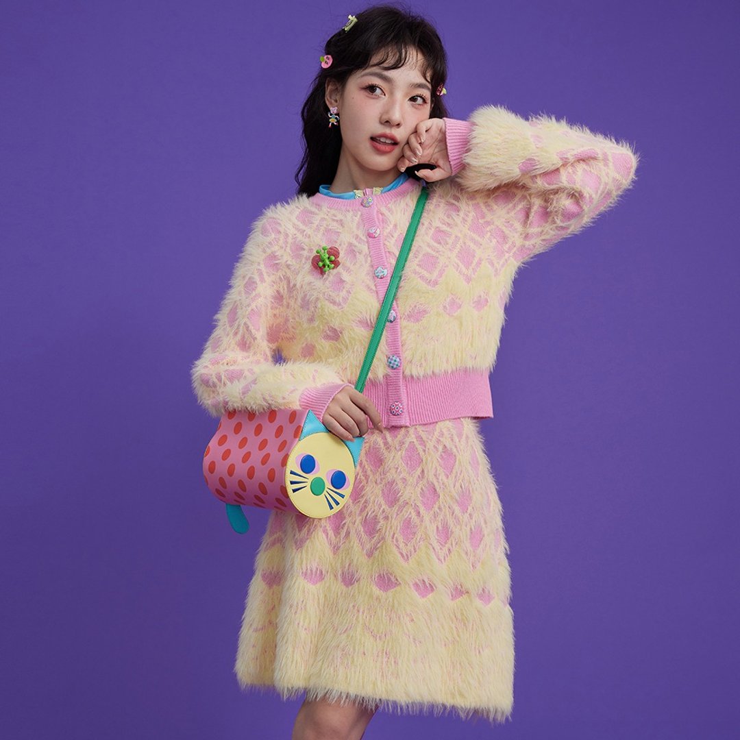 菱形格纹毛绒开衫少女减龄毛衣针织半裙 - 裙子 - 其他材质 多色