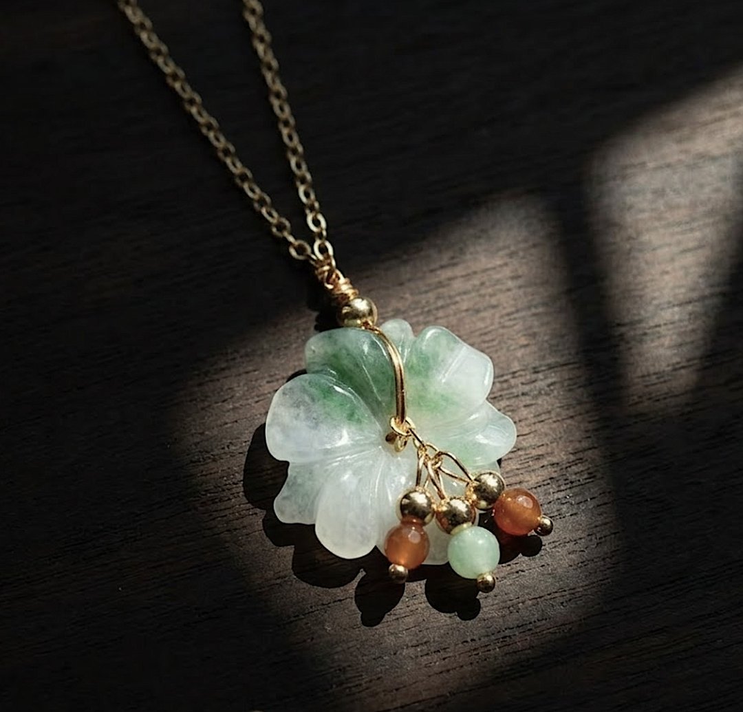 冰飘花翡翠花花设计款项链 14K 包金 | 天然缅甸 A 货翡翠 | 送礼 - 项链 - 玉石 透明