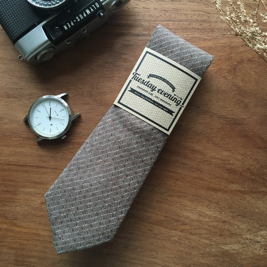 Necktie Sea Sand Brown Stitched Stripe - 领带/领带夹 - 棉 咖啡色