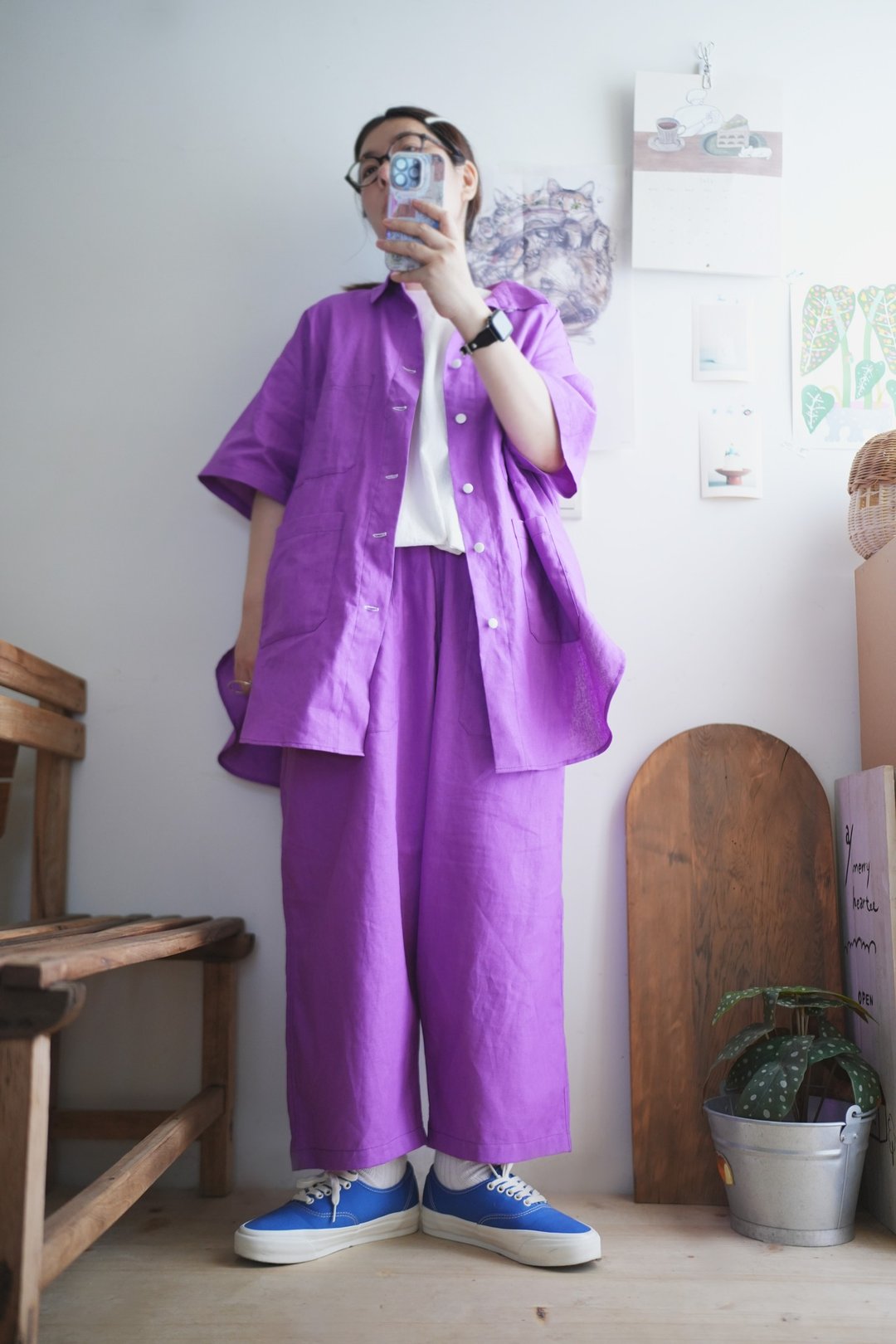 奶昔大哥茄子紫工装衬衫短袖 - 女装衬衫 - 棉 紫色