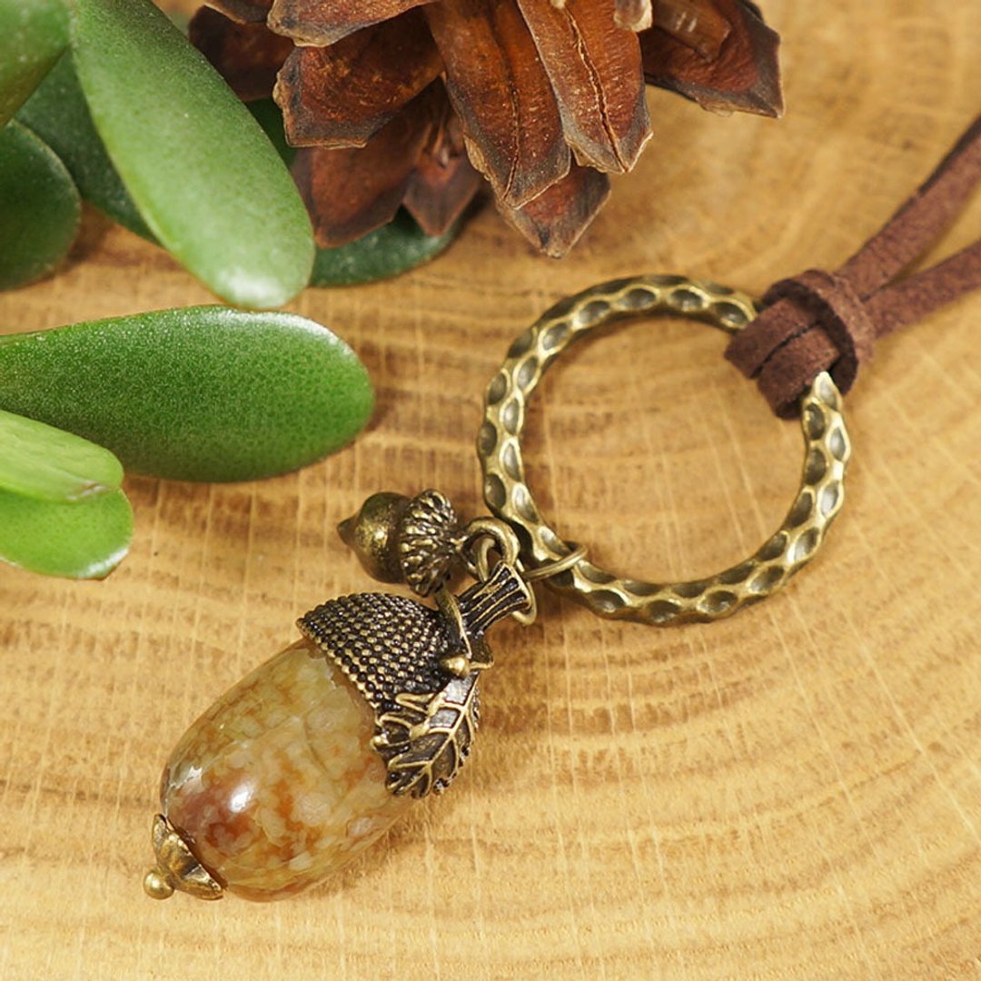 Brown Beige Bronze Agate Acorn Forest Woodland Necklace Man Woman Jewelry Gift - 项链 - 半宝石 咖啡色
