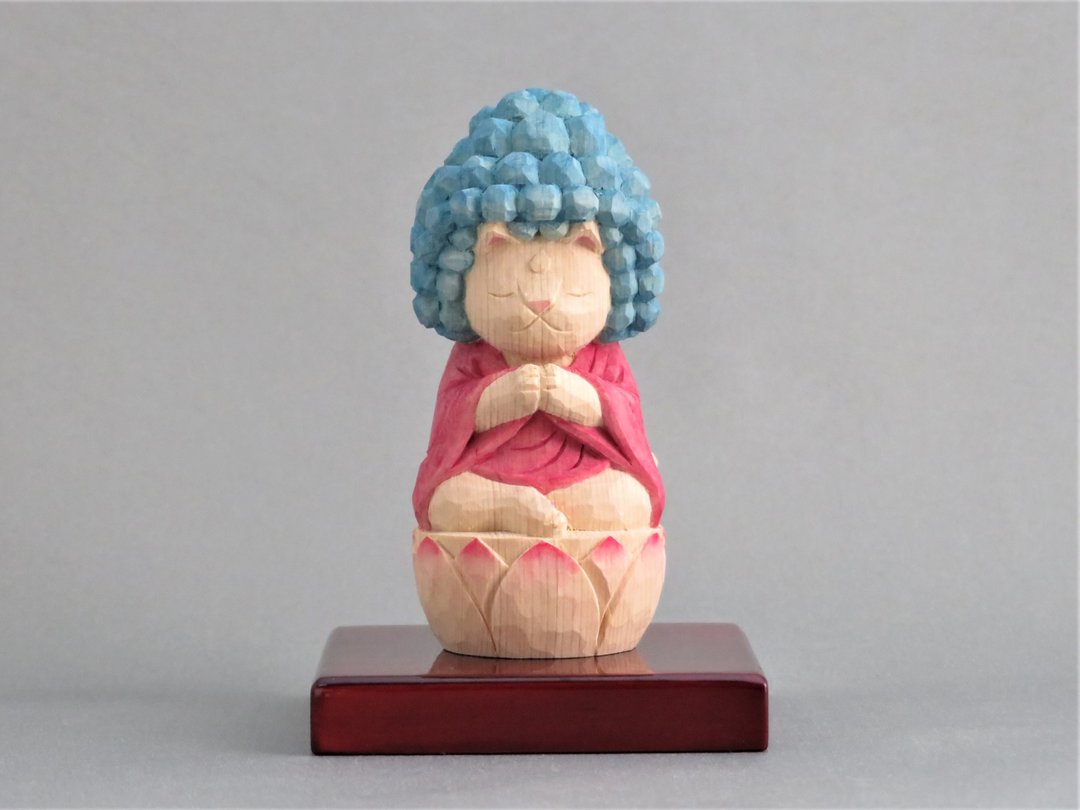 Wood carving Cat Buddha 1905 - 摆饰 - 木头 粉红色