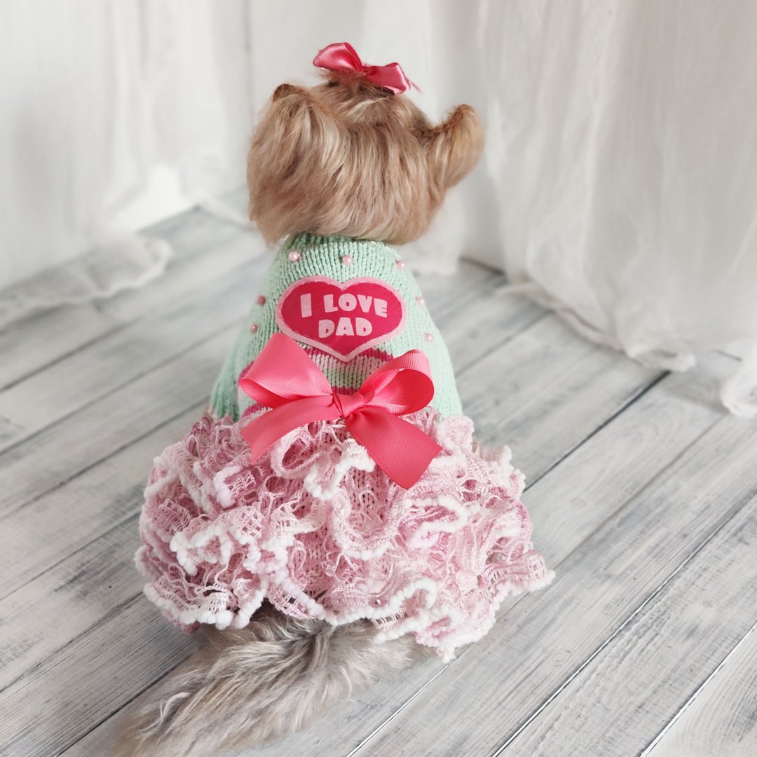 Father's day dog sweater I love dad Handmade small dog clothes for girl Pink kni - 衣/帽 - 羊毛 