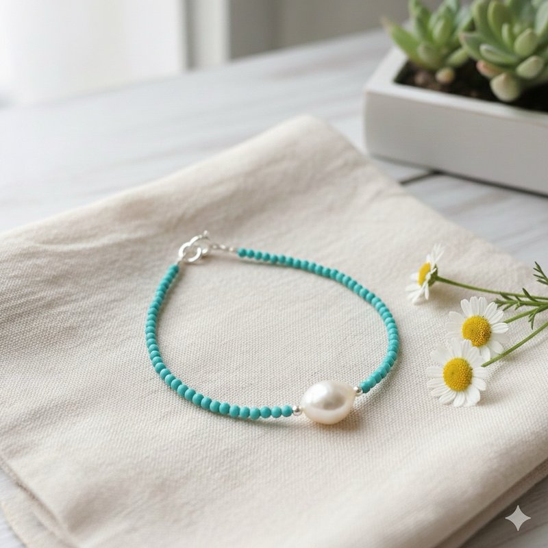 Ops Turquoise Silver Bracelet-绿松石/纯银/蓝绿色/纯银/珍珠 - 手链/手环 - 宝石 绿色