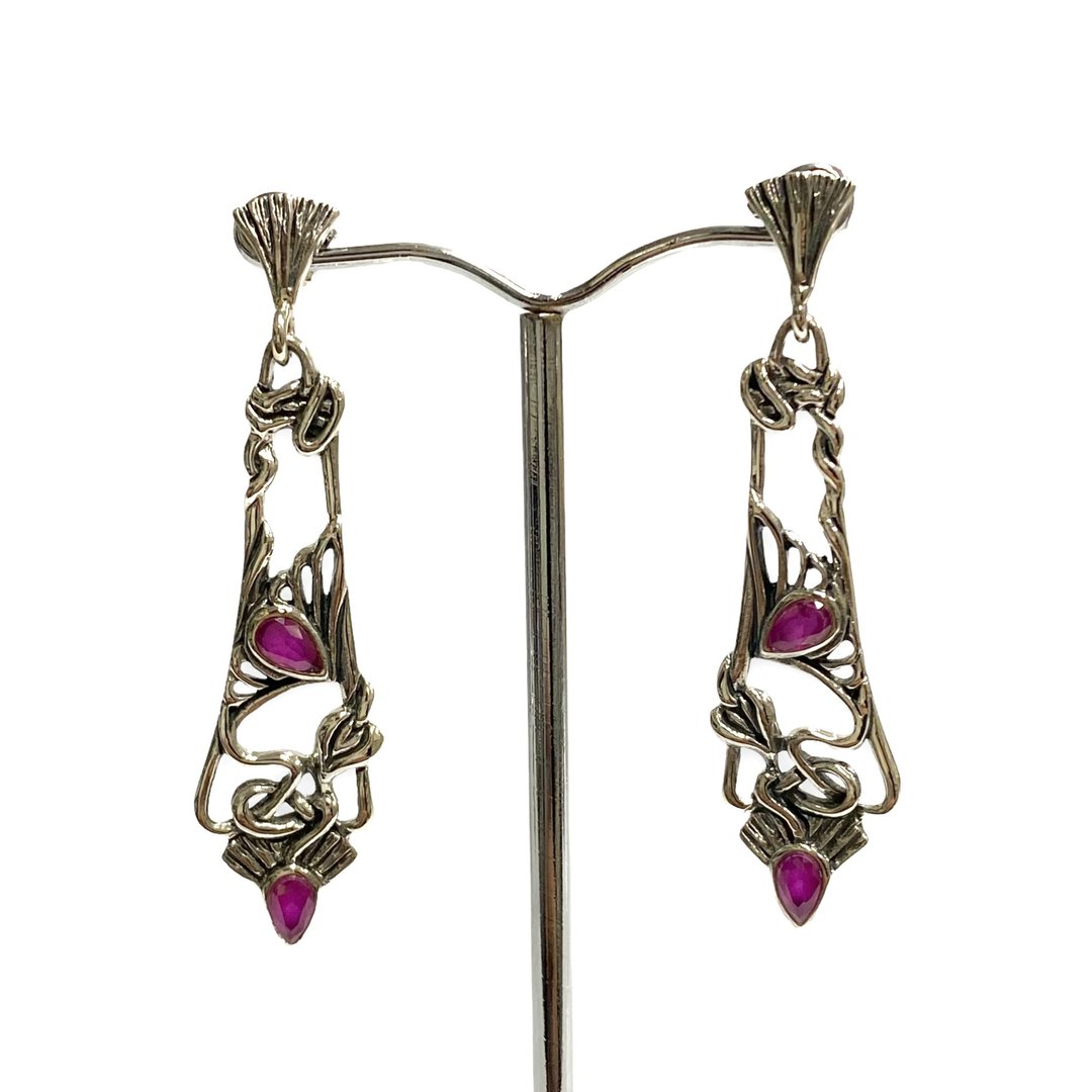 Art Nouveau Style Ruby Stone Set Pendant and Earrings 925 Sterling Silver - 耳环/耳夹 - 纯银 红色