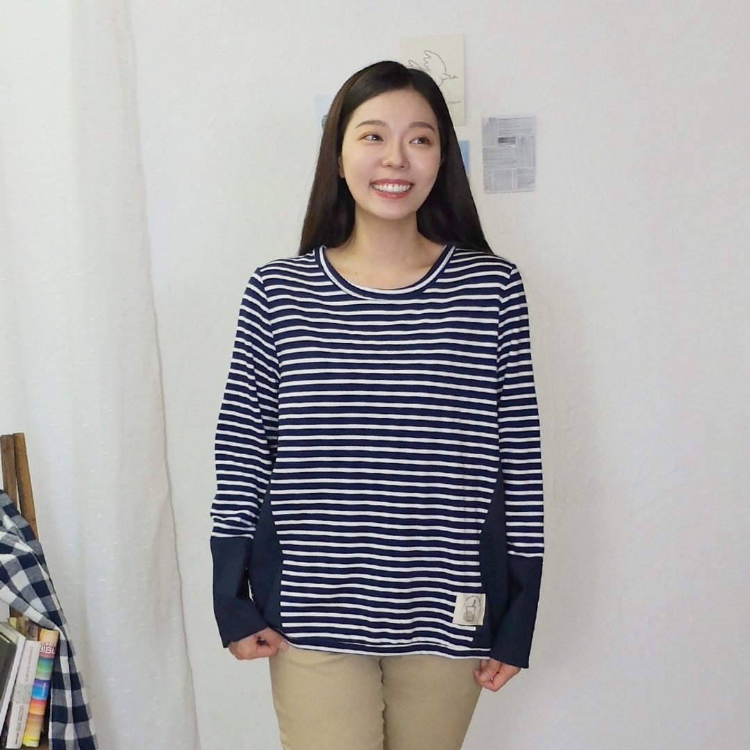 Hana Mokuba 针梭织拼接休闲条纹长袖上衣 - 女装上衣 - 其他材质 