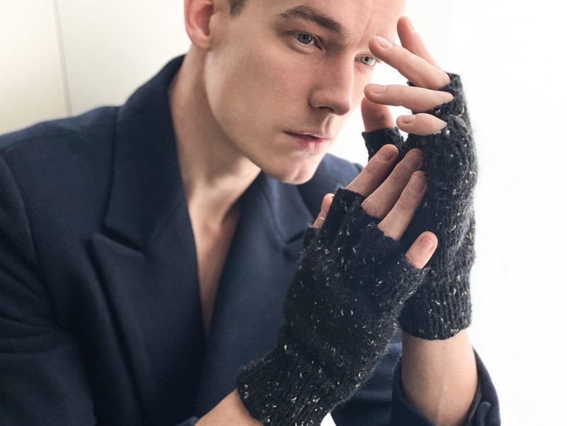 手工编织羊驼绒无指手套，羊驼绒斜纹软袖套， - 手套 - 羊毛 黑色