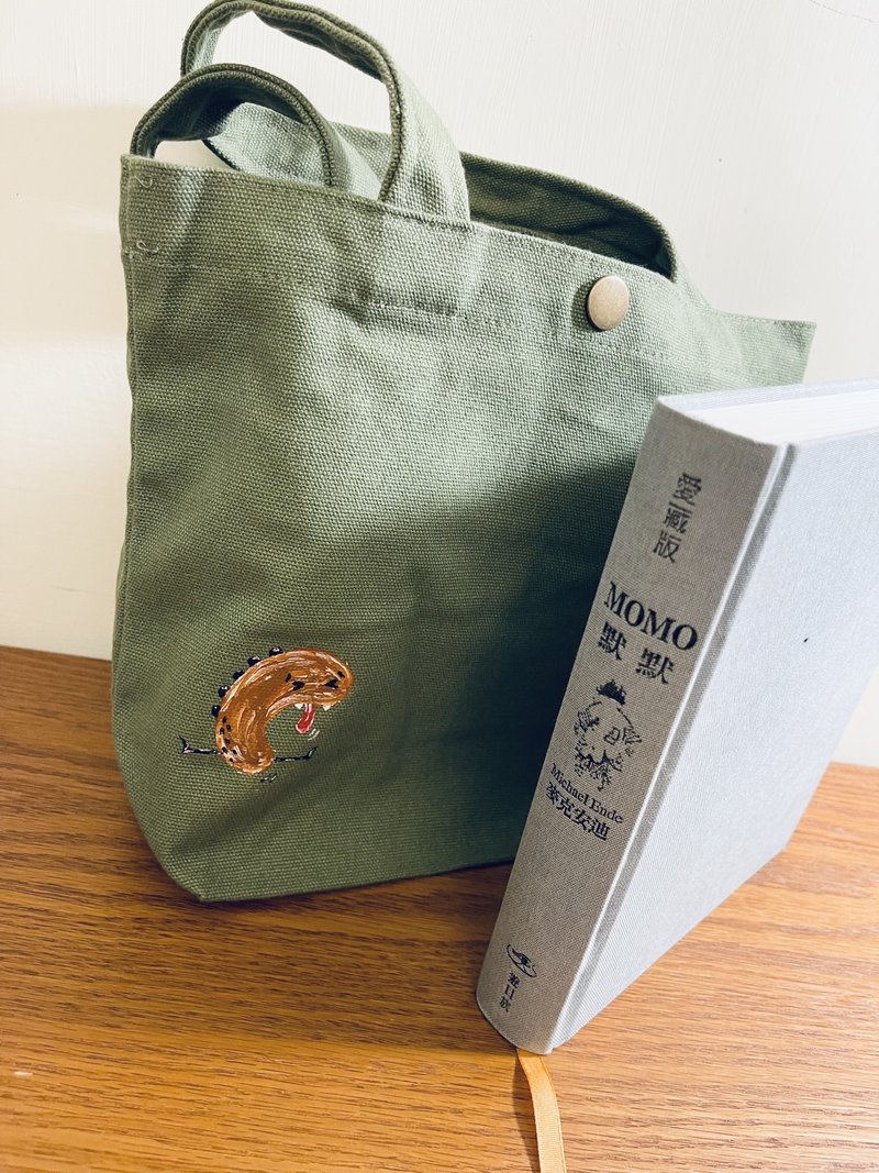 手感。慢起—手绘包x变形小怪兽 手提包 帆布包 小物包 提袋 - 手提包/手提袋 - 棉．麻 绿色