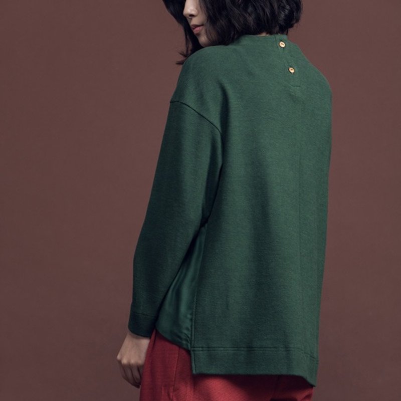 散步生活微高领拼接有机棉上衣-绿木 - 女装上衣 - 棉．麻 绿色