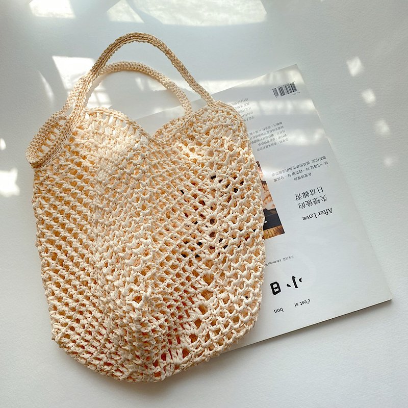 拉菲草四方底小袋子 早餐袋 钩织包 手提包 散步包 - 手提包/手提袋 - 其他材质 