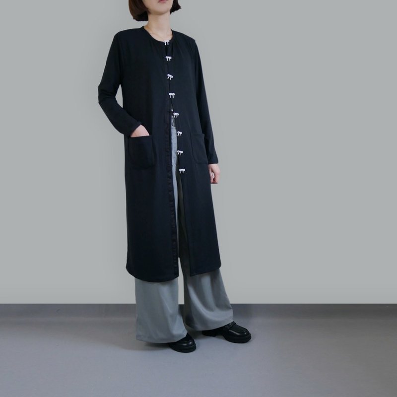 黑色蝴蝶结扣长版针织衫 - 女装针织衫/毛衣 - 其他人造纤维 黑色
