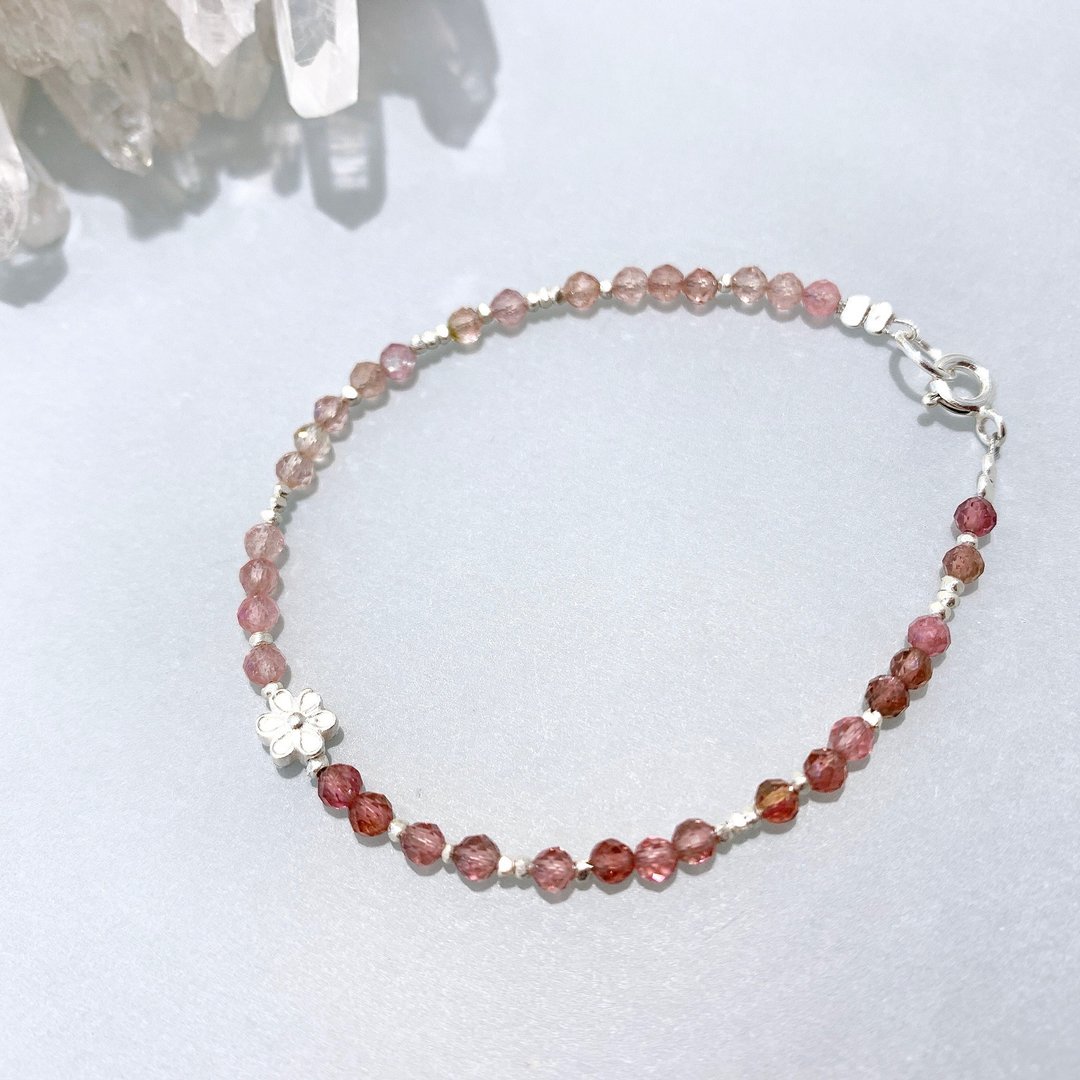 Ops Tourmaline Gemstone Silver-碧玺/粉嫩/花/纯银/桃花/手链 - 手链/手环 - 宝石 粉红色