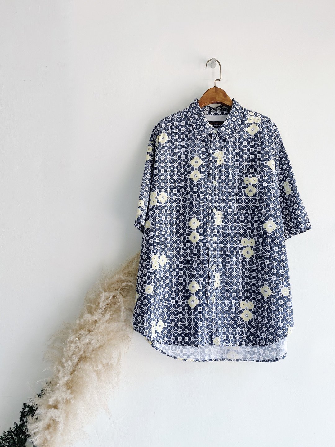 灰蓝碎点鹅黄花纹 古着棉丝质夏威夷衬衫上衣vintage Aloha Shirt - 男装衬衫 - 棉 多色