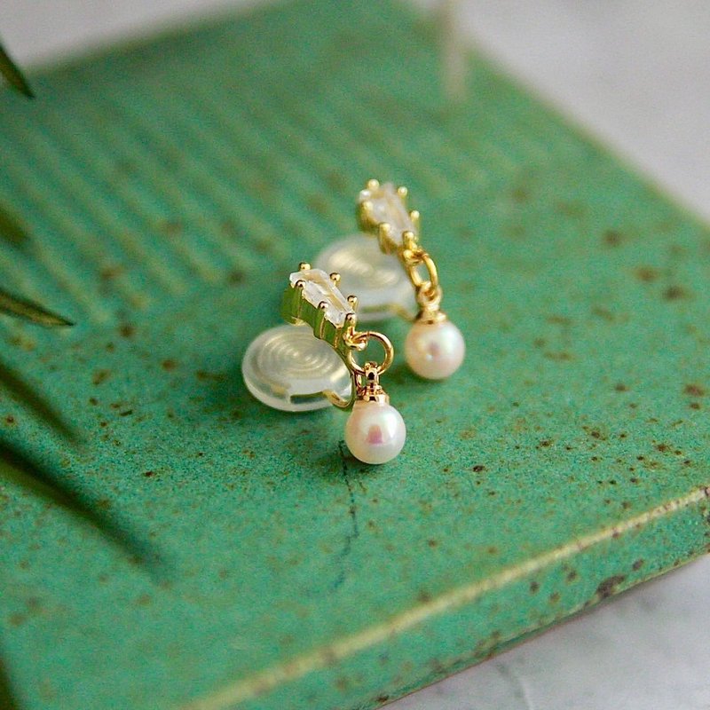 无痛耳夹/锆石小珍珠 - 耳环/耳夹 - 铜/黄铜 金色