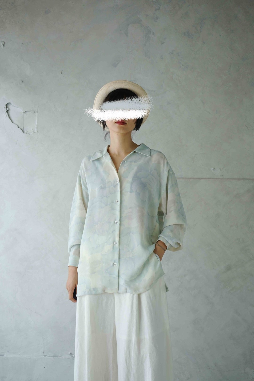 寻宝古着-粉蓝粉彩画花卉飘逸复古衬衫 - 女装衬衫 - 聚酯纤维 白色