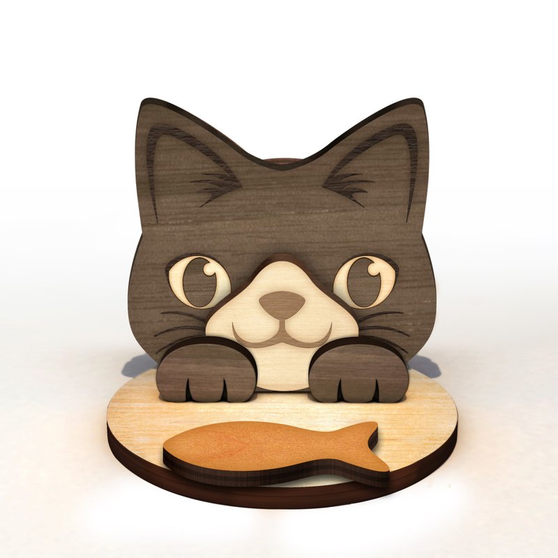 白鼻黑猫手工木制手机/平板座/名片座+集线memo,定制刻字 - 手机座/防尘塞 - 木头 咖啡色