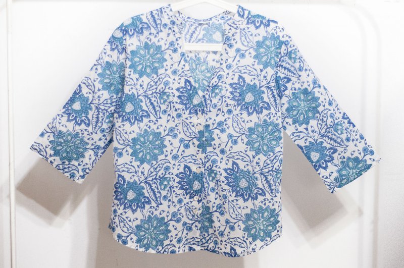 木刻印纯棉七分袖外套/印度棉衬衫/india blockprint上衣-蓝色花 - 女装休闲/机能外套 - 棉．麻 蓝色