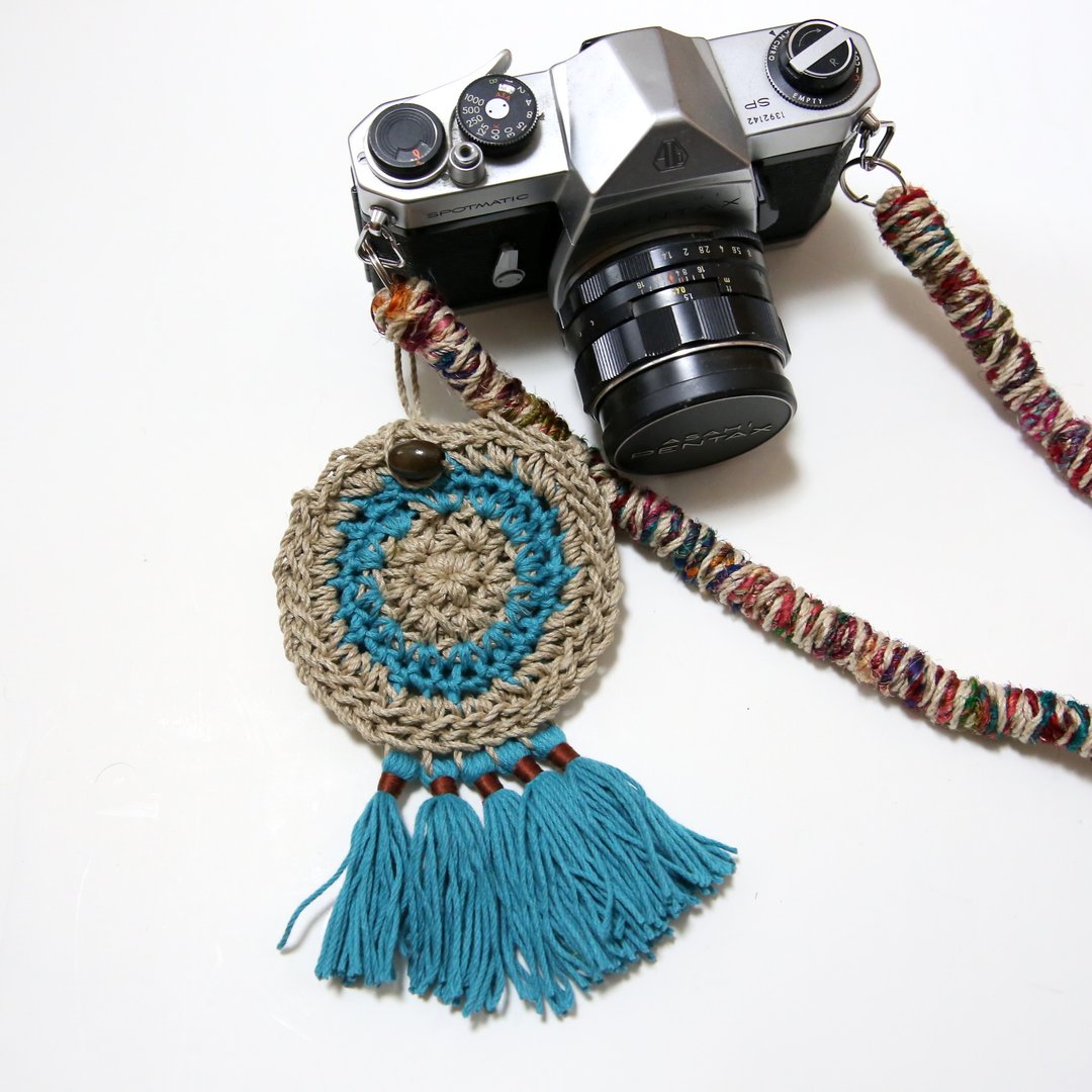 Dream catcher / lens cap holder # 3 turquoise - 相机包/相机袋 - 棉 蓝色