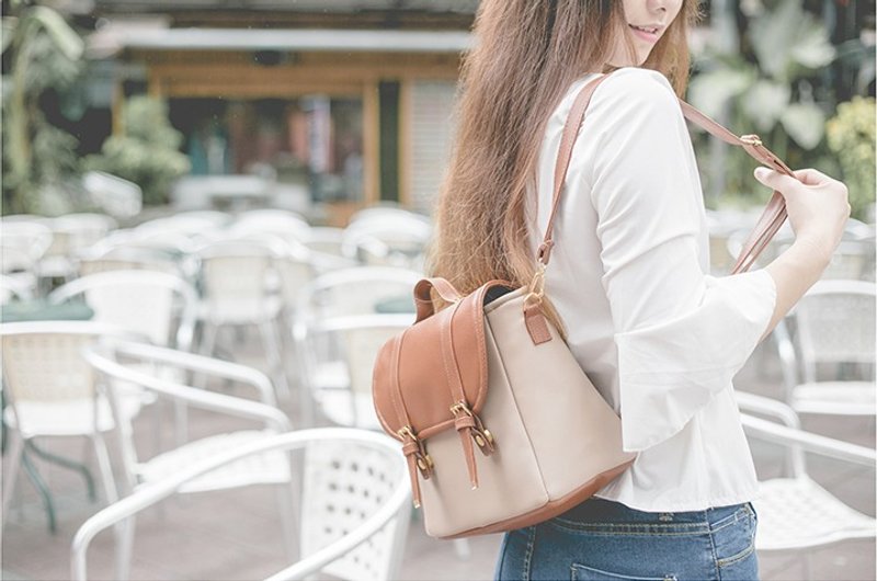 保证不脱皮-一年保固-台湾制作-纯素皮革-拼接包-拿铁 - 后背包/双肩包 - 乳胶 粉红色