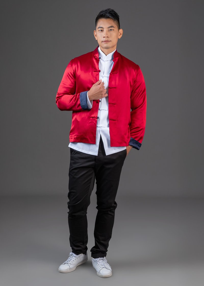 中性中式双面唐装褛(深蓝色/红色)|香港设计|休闲|经典|撞色 - 男装外套 - 聚酯纤维 蓝色