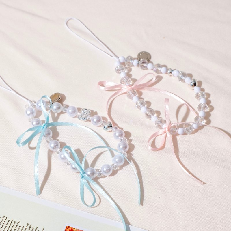 Pink x Blue Ribbon Pearl Phone Charm - 挂绳/吊绳 - 其他材质 多色
