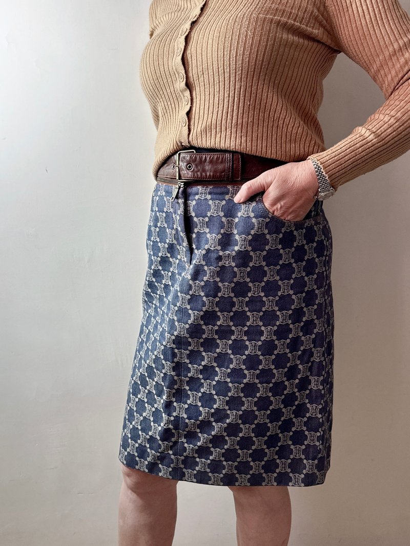 中古名牌 Celine 凯旋门牛仔裙 半裙 皮革腰带 古着 大码 XL - 裙子 - 棉．麻 蓝色