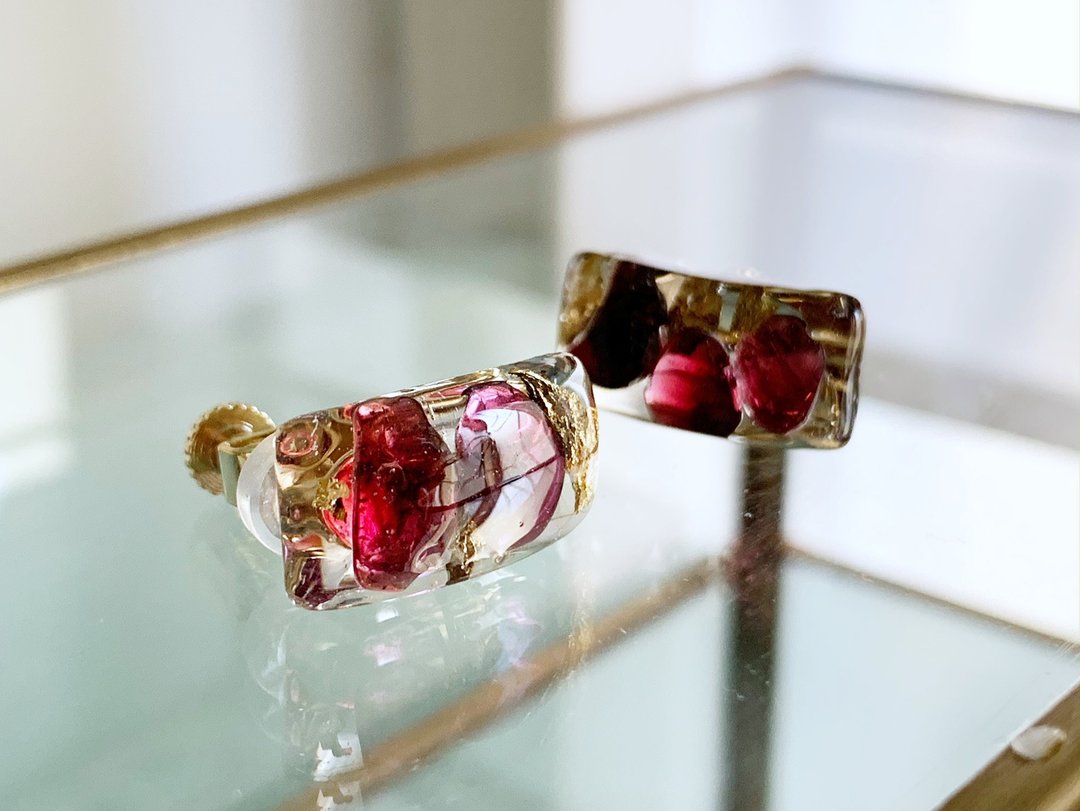 Unisex [January Birthstone] Garnet Stud Resin Clip-On/ Earrings Men's - 耳环/耳夹 - 树脂 红色