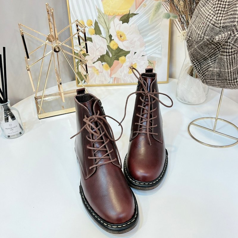 侧拉链绑带马丁靴-咖 - 女款短靴 - 真皮 