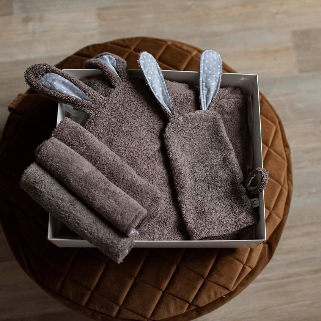 SET: Hooded Towel, Mitten and mini towels dark grey set for a Baby or Toddler - 毛巾浴巾 - 棉 灰色